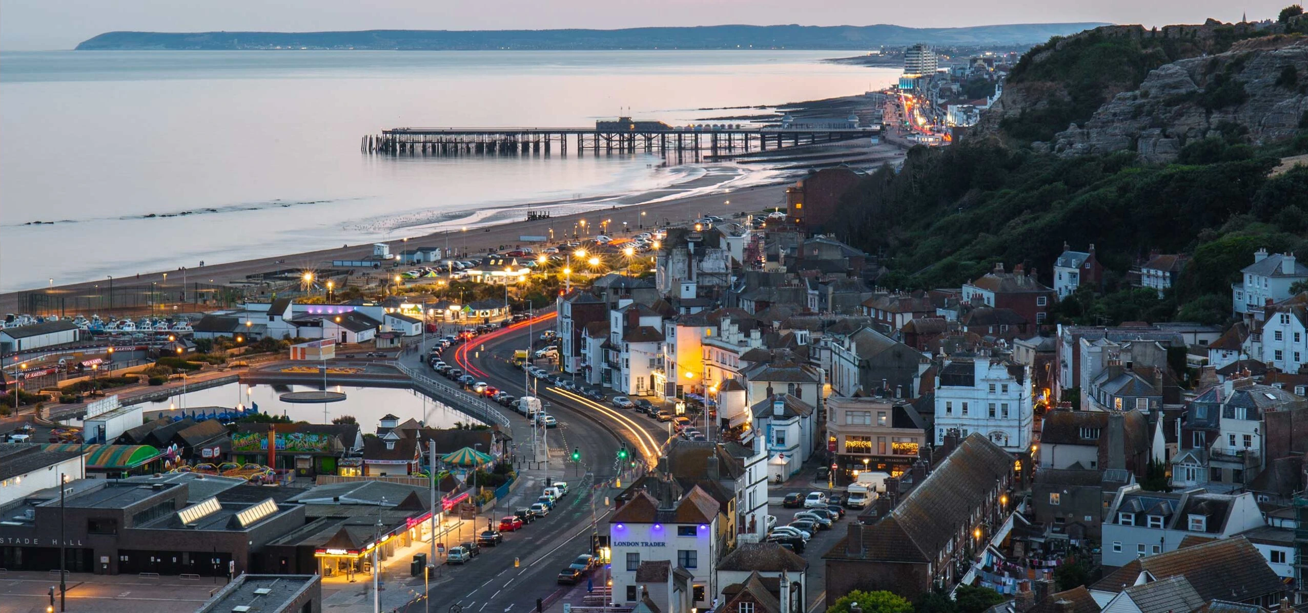 Hastings seafront and old town at dusk